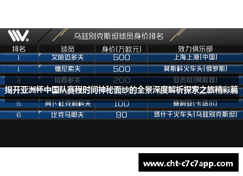 揭开亚洲杯中国队赛程时间神秘面纱的全景深度解析探索之旅精彩篇