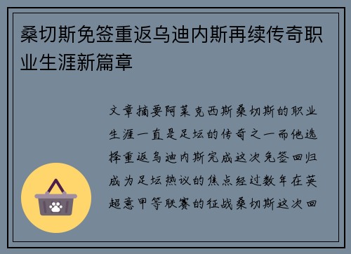 桑切斯免签重返乌迪内斯再续传奇职业生涯新篇章