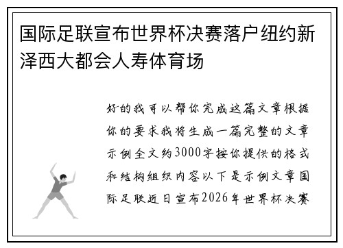 国际足联宣布世界杯决赛落户纽约新泽西大都会人寿体育场