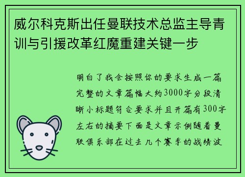 威尔科克斯出任曼联技术总监主导青训与引援改革红魔重建关键一步 威尔科克斯出任曼联技术总监主导青训与引援改革红魔重建关键一步